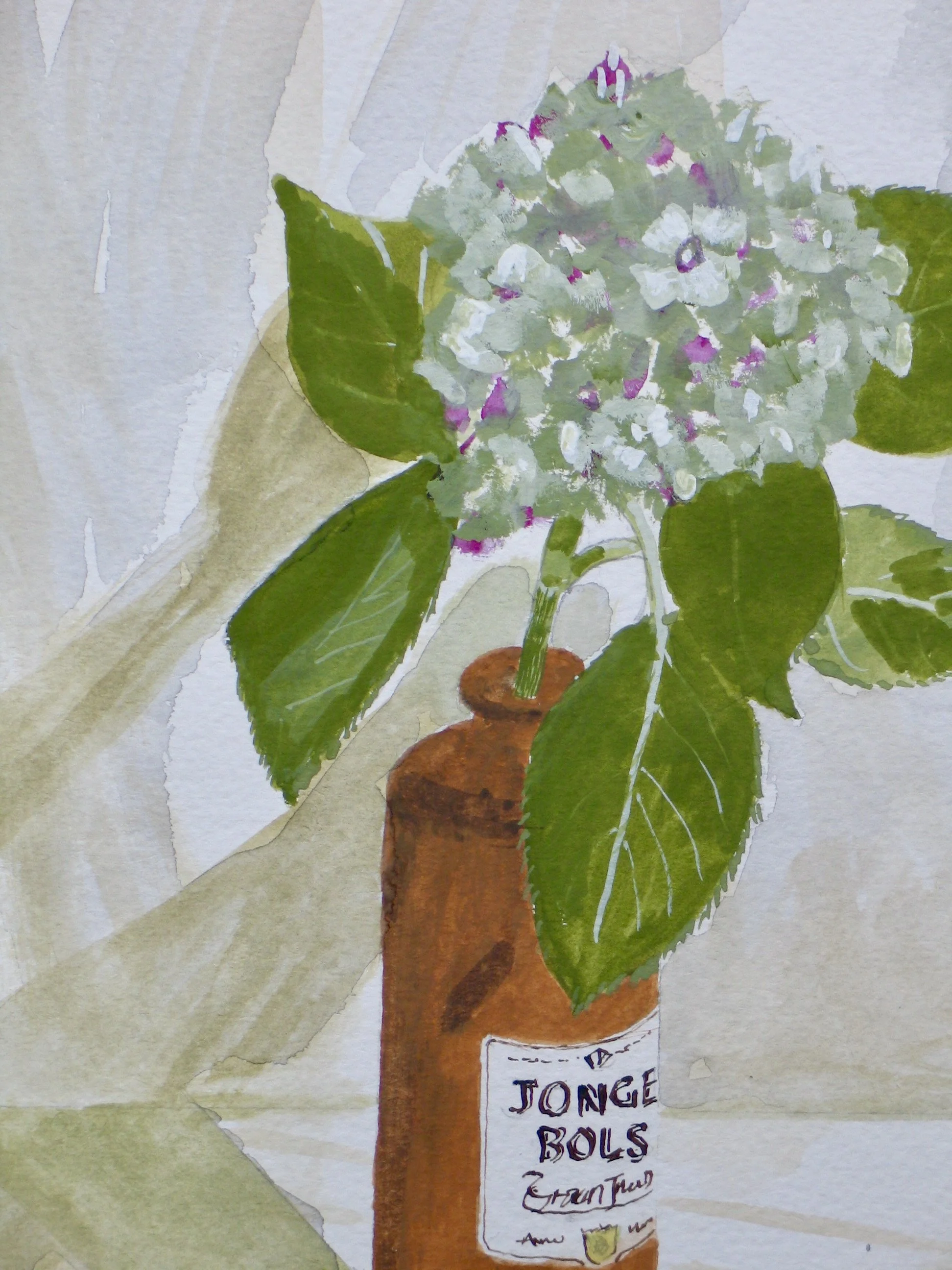 Hydrangea flower in a vintage BOLS bottle, detail