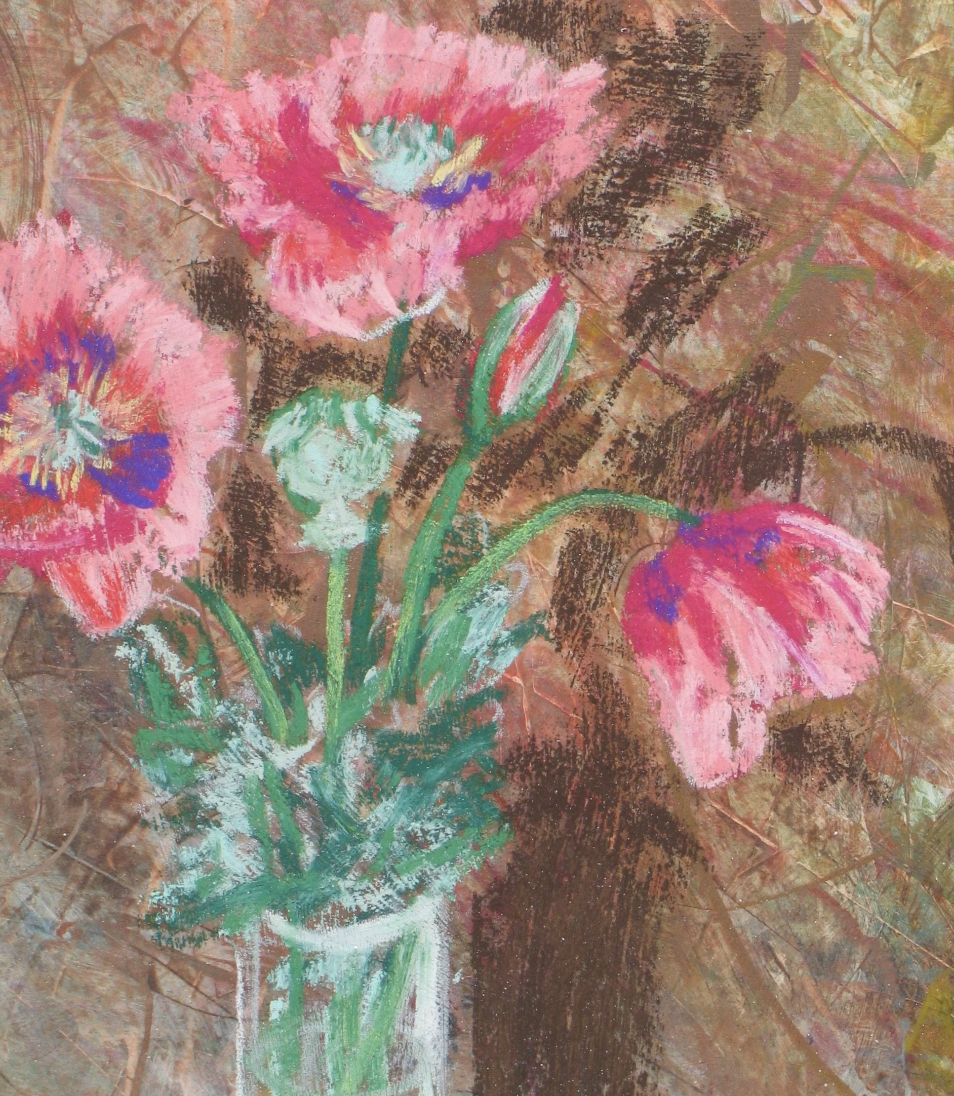 Glass bud vase with poppies by Cy Pawsey