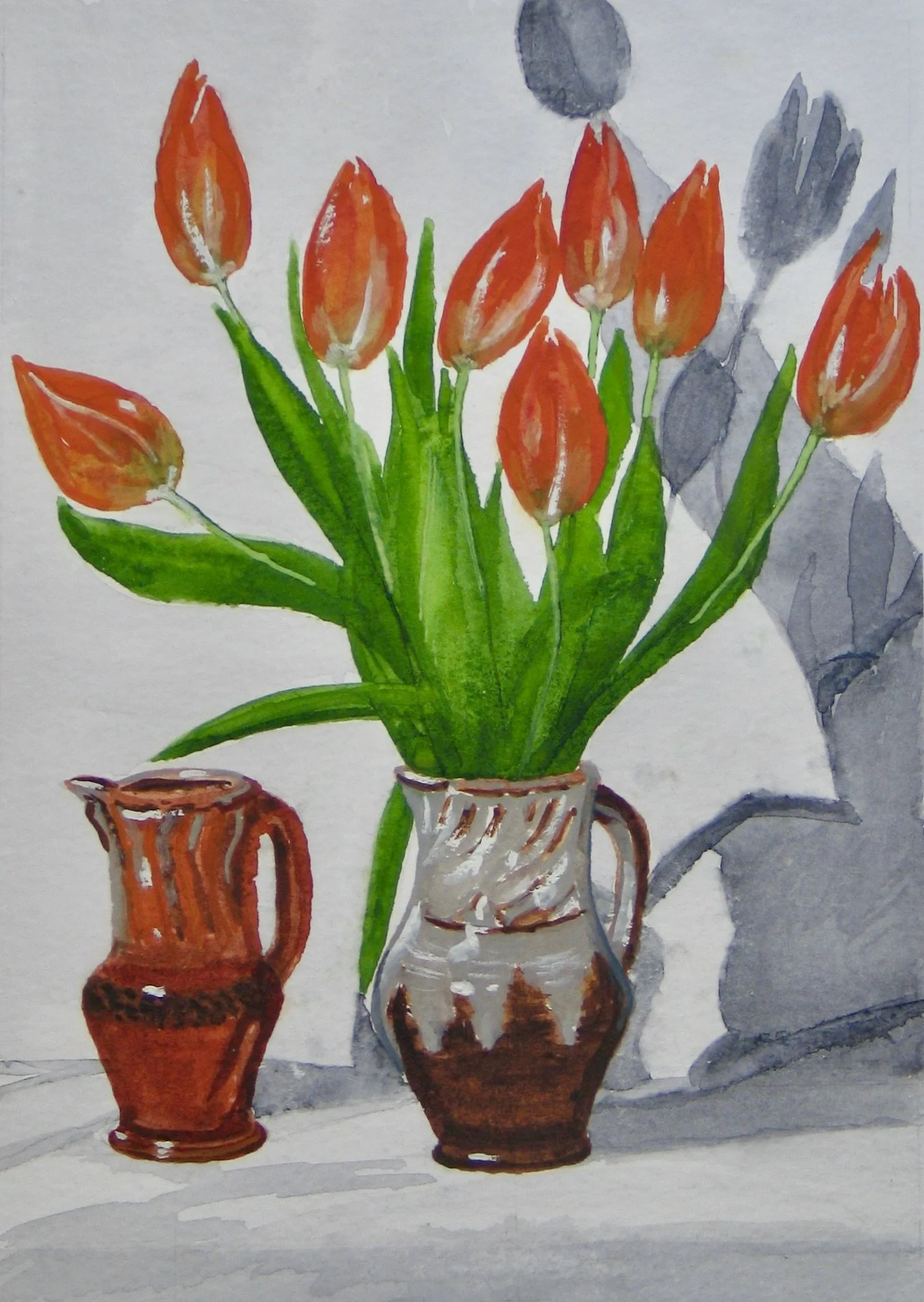Tulips with two jugs, watercolour by Cy Pawsey at galeriecy.com