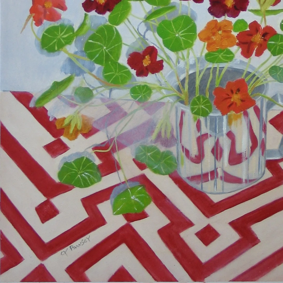 Nasturtiums in a stainless steel jug at galeriecy.com