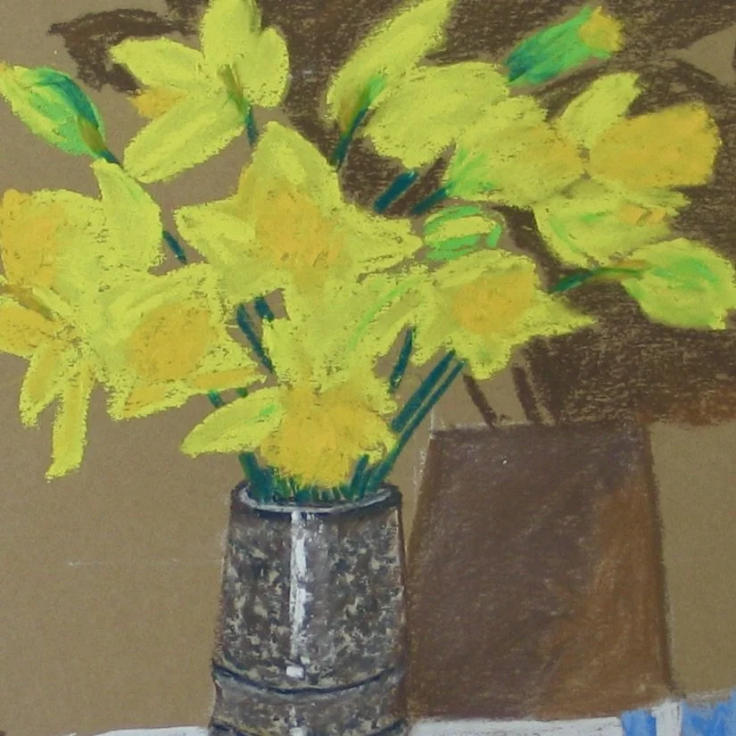 Daffodils in a vase, soft pastel, detail