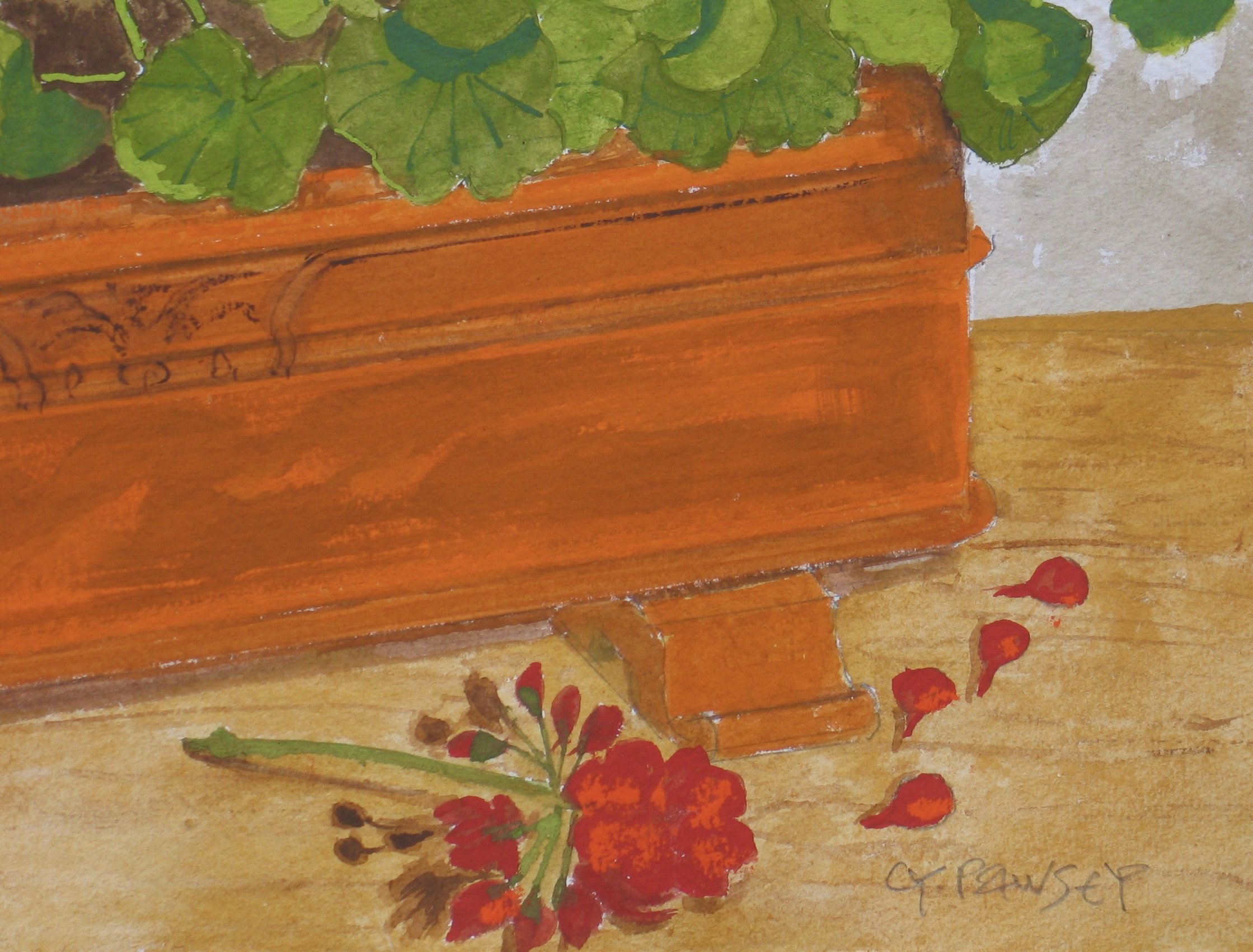 Detail from gouache painting of red geraniums