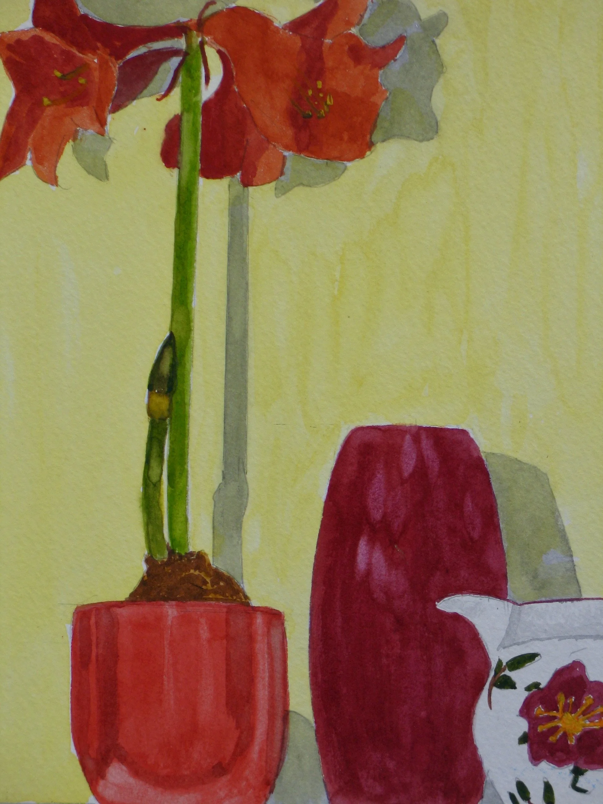 Red items on a mantelpiece, watercolour by Cy Pawsey