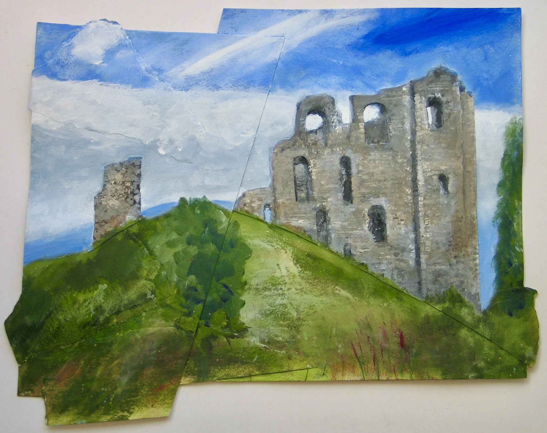 Acrylic with collage rendering of Clun Castle by Cy Pawsey