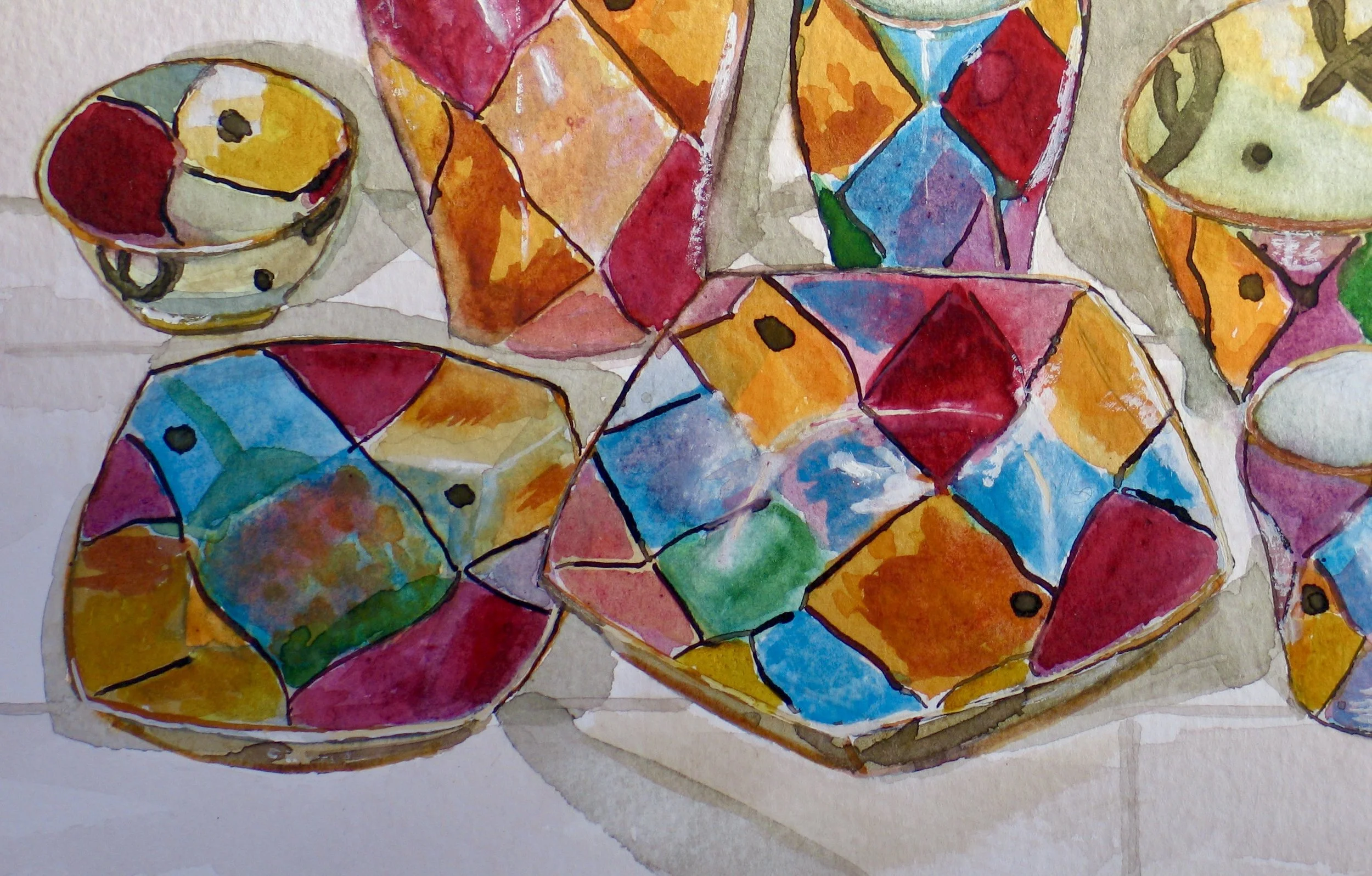 Vintage pots collection, watercolour detail