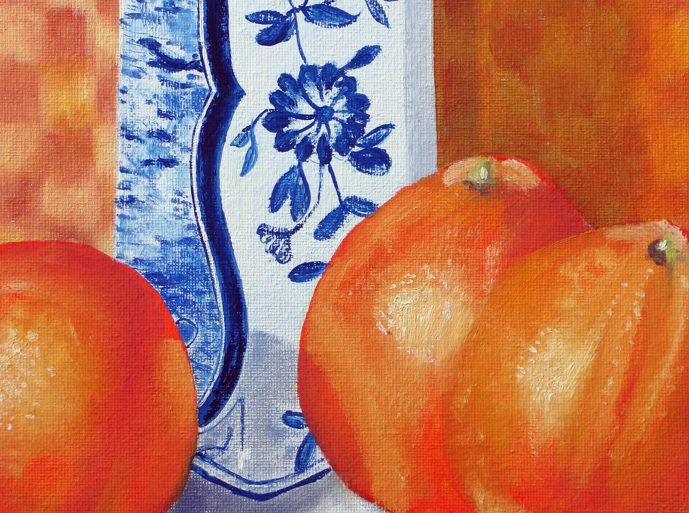 Blue vase and oranges detail of oil painting