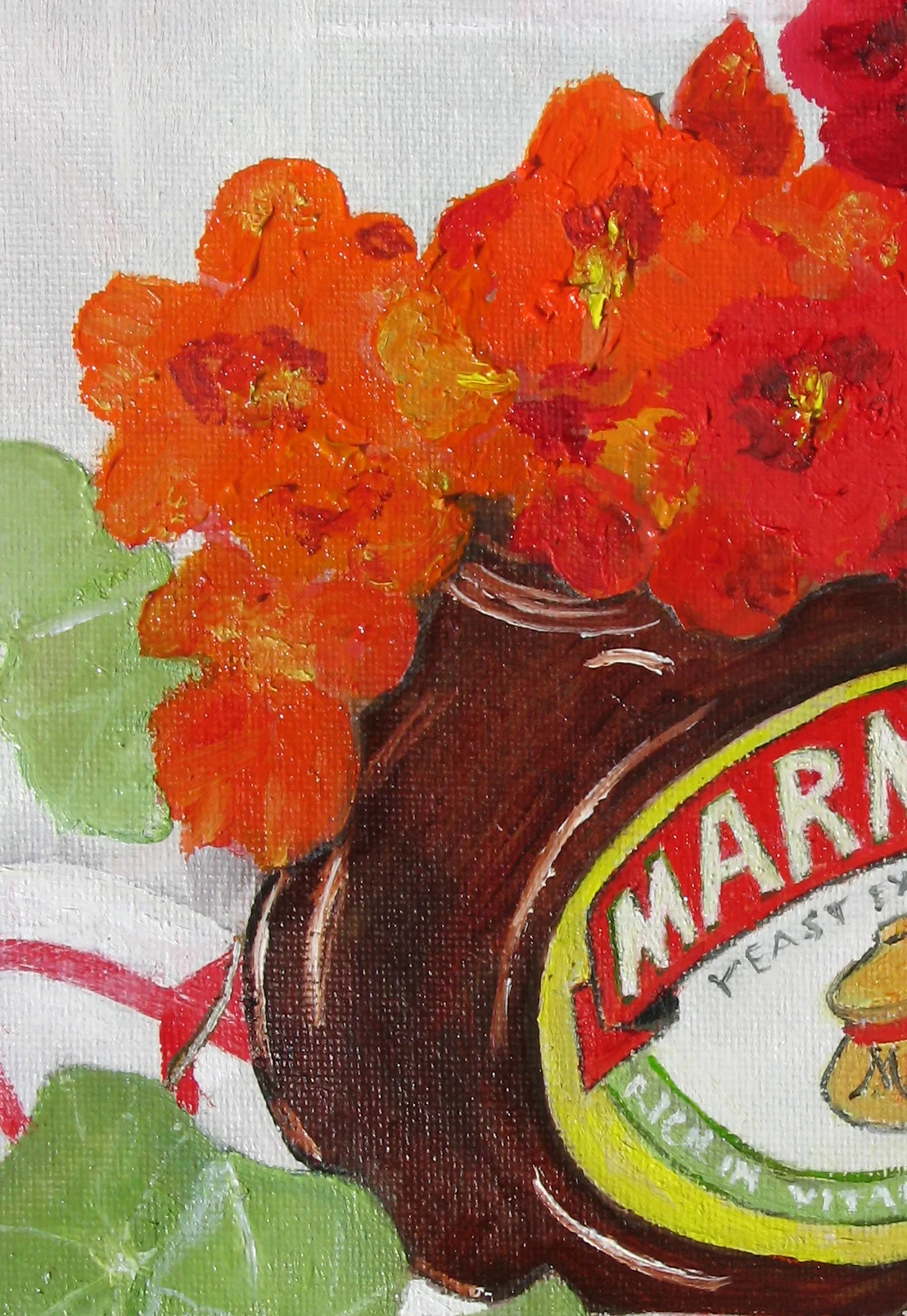Nasturtiums in a Marmite jar