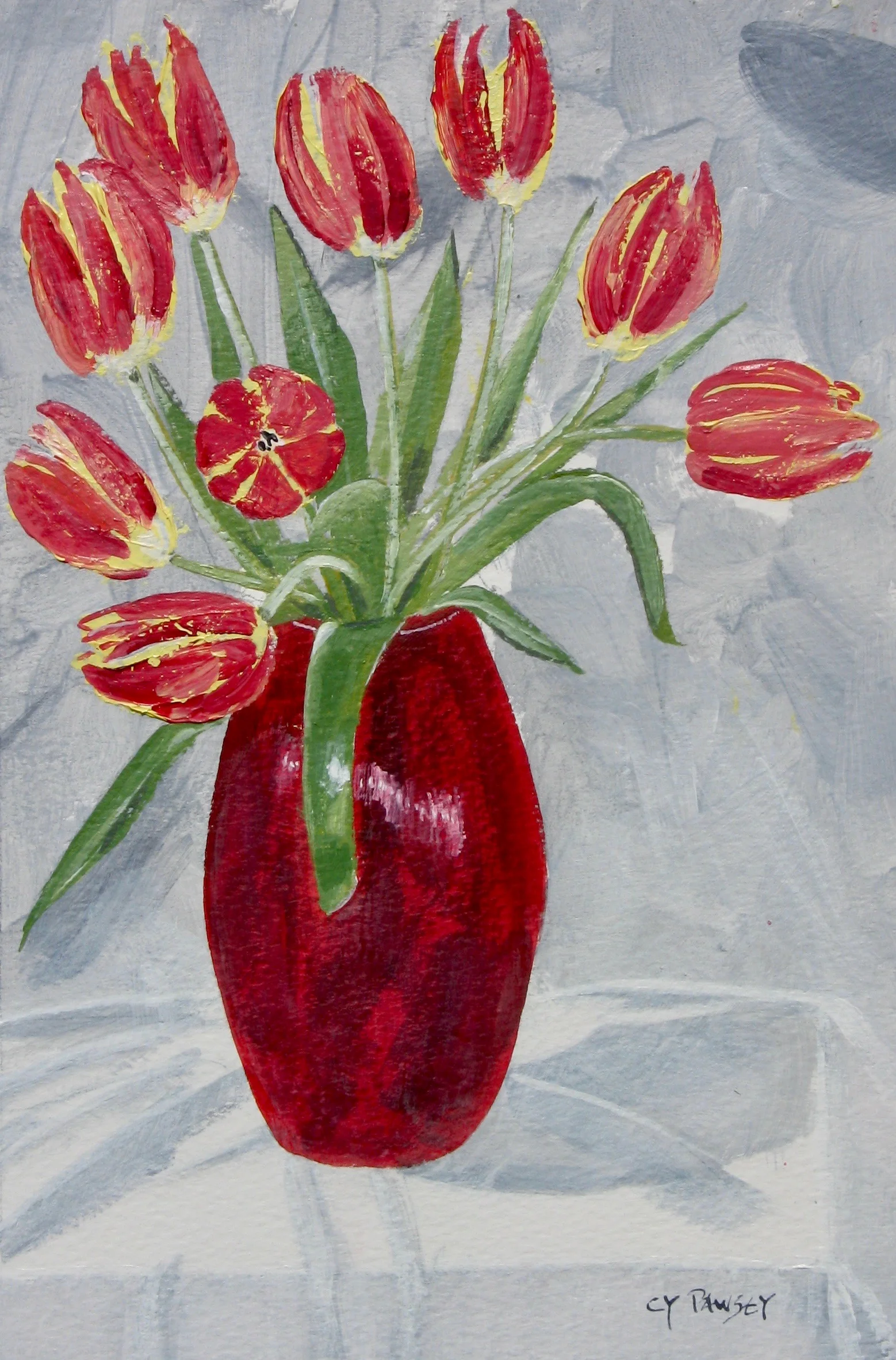 Tulips in a red pot - acrylic painting