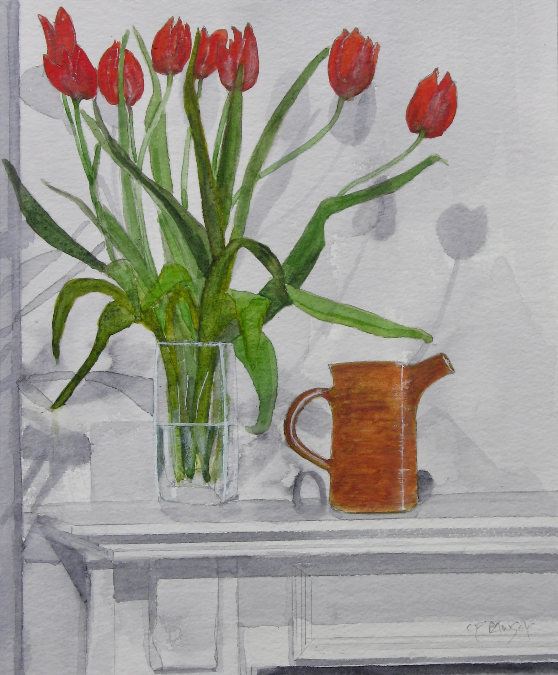 Mantelpiece with red tulips, watercolour painting