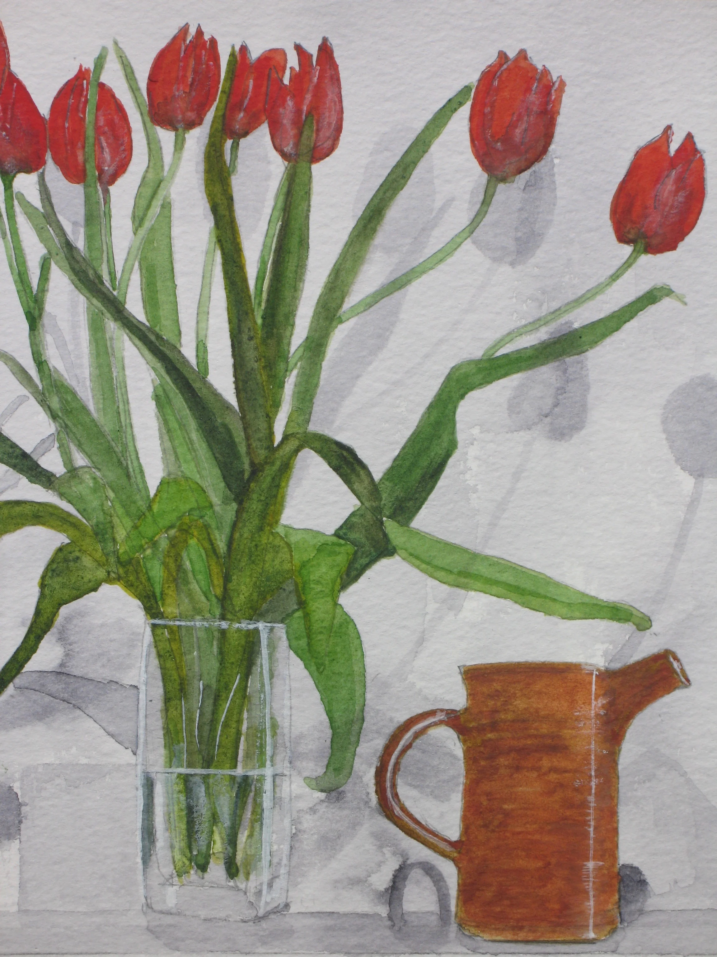 Red tulips and jug, watercolour by Cy Pawsey