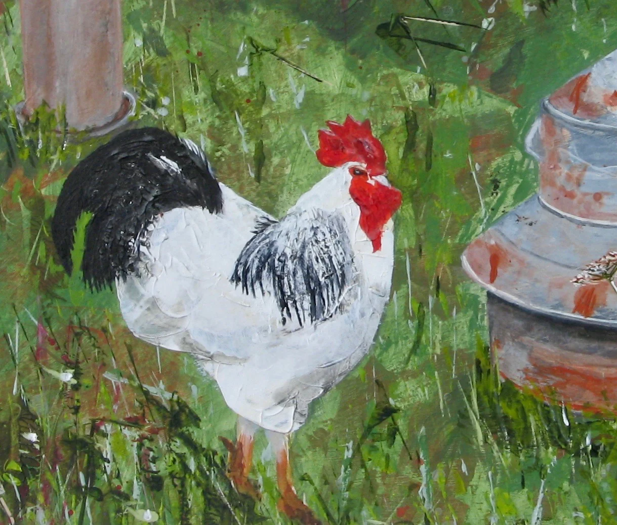 Light Sussex cockerel, acrylic painting - detail