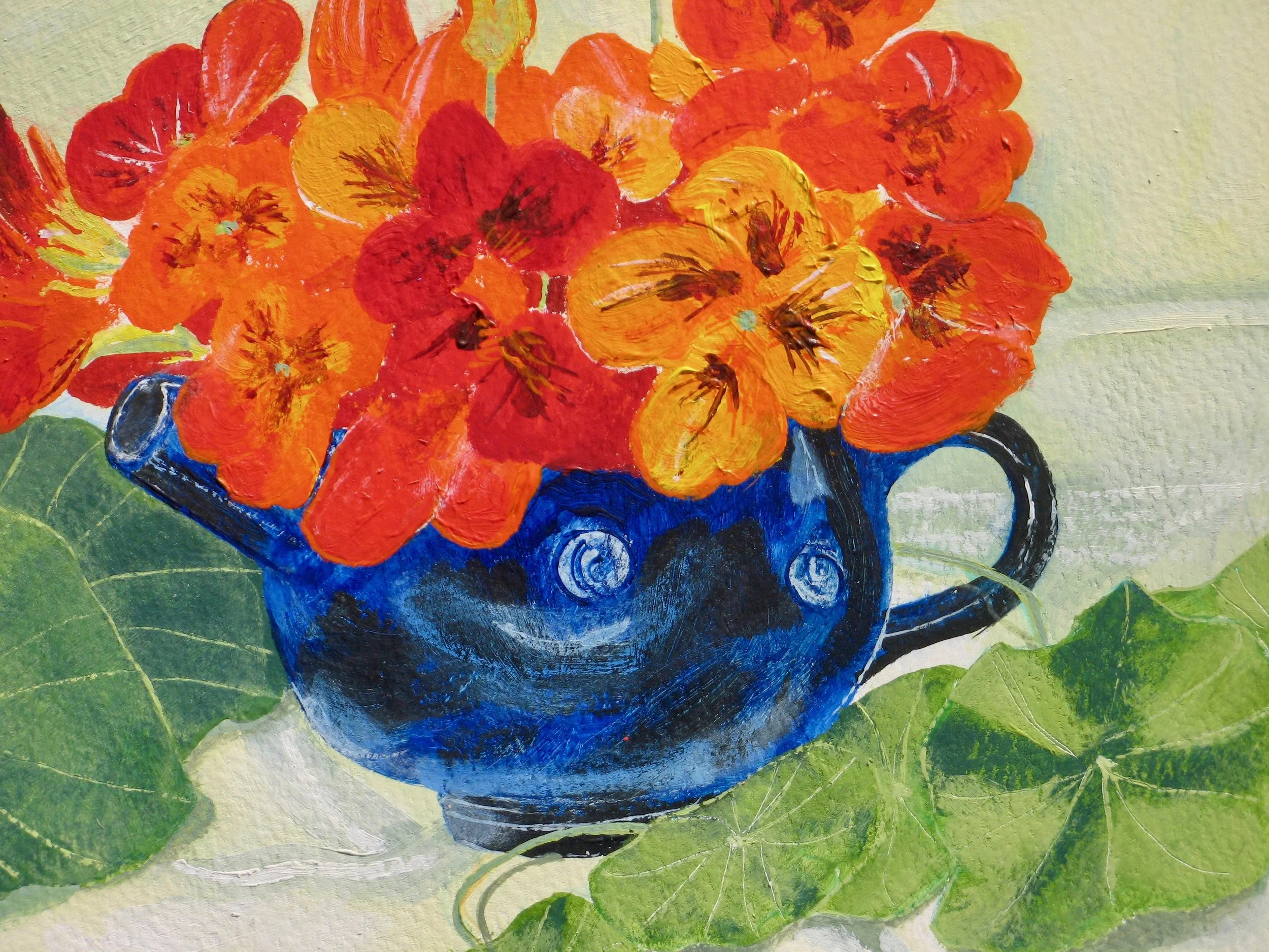 Nartiums in a studio pot, acrylic painting by Cy Pawsey