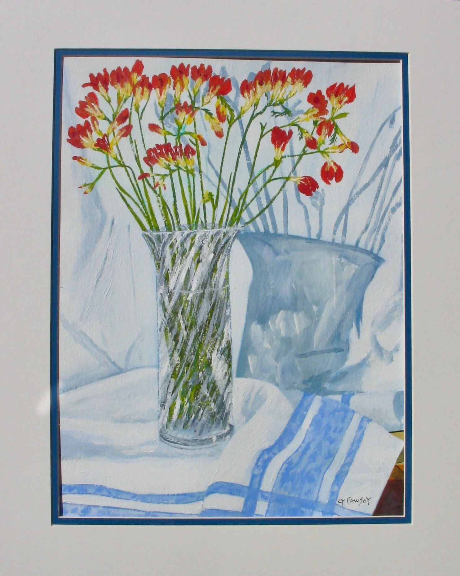 Smell the freesias, original acrylic painting by Cy Pawsey