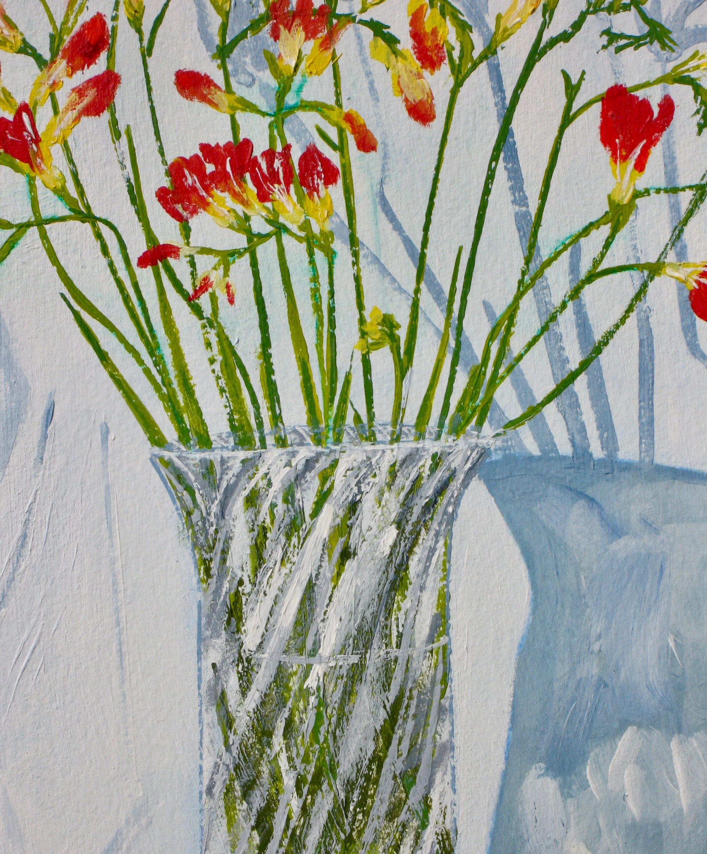Freesias in glass vase, acrylic still life painting