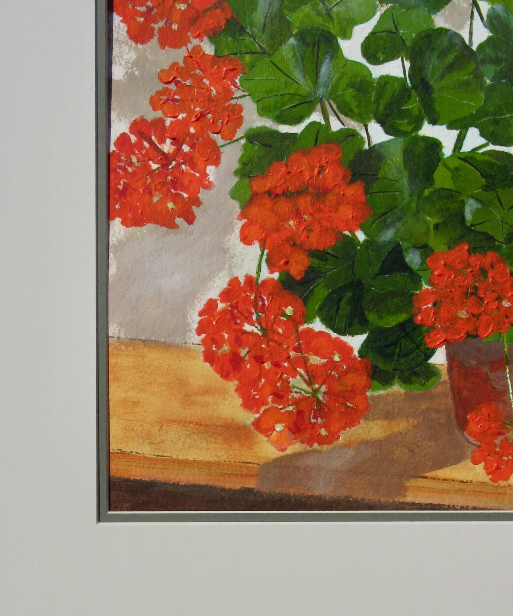 Geranium in a terracotta pot, double mounted acrylic painting