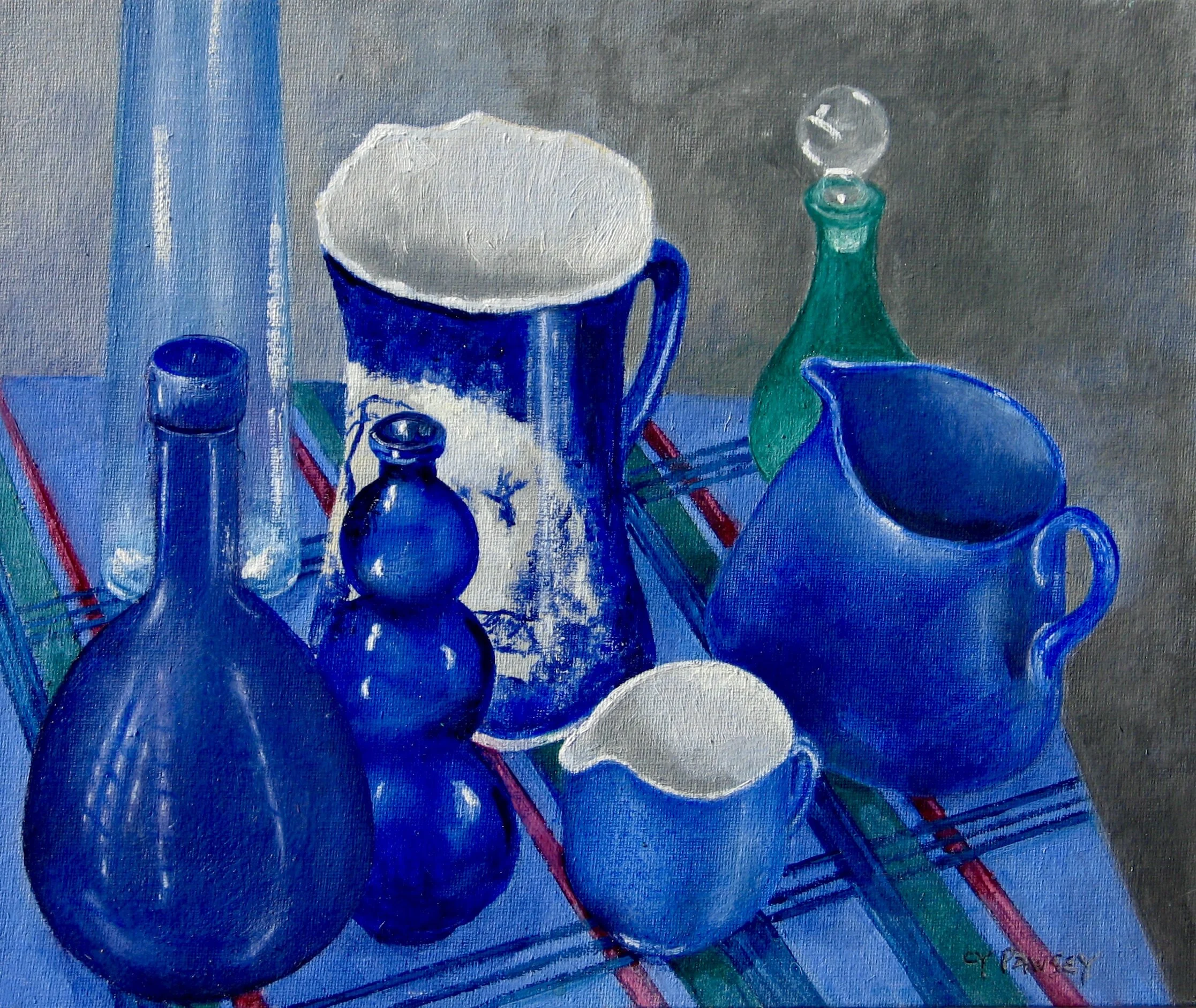 Still-life oil painting in blue by Cy Pawsey, galeriecy