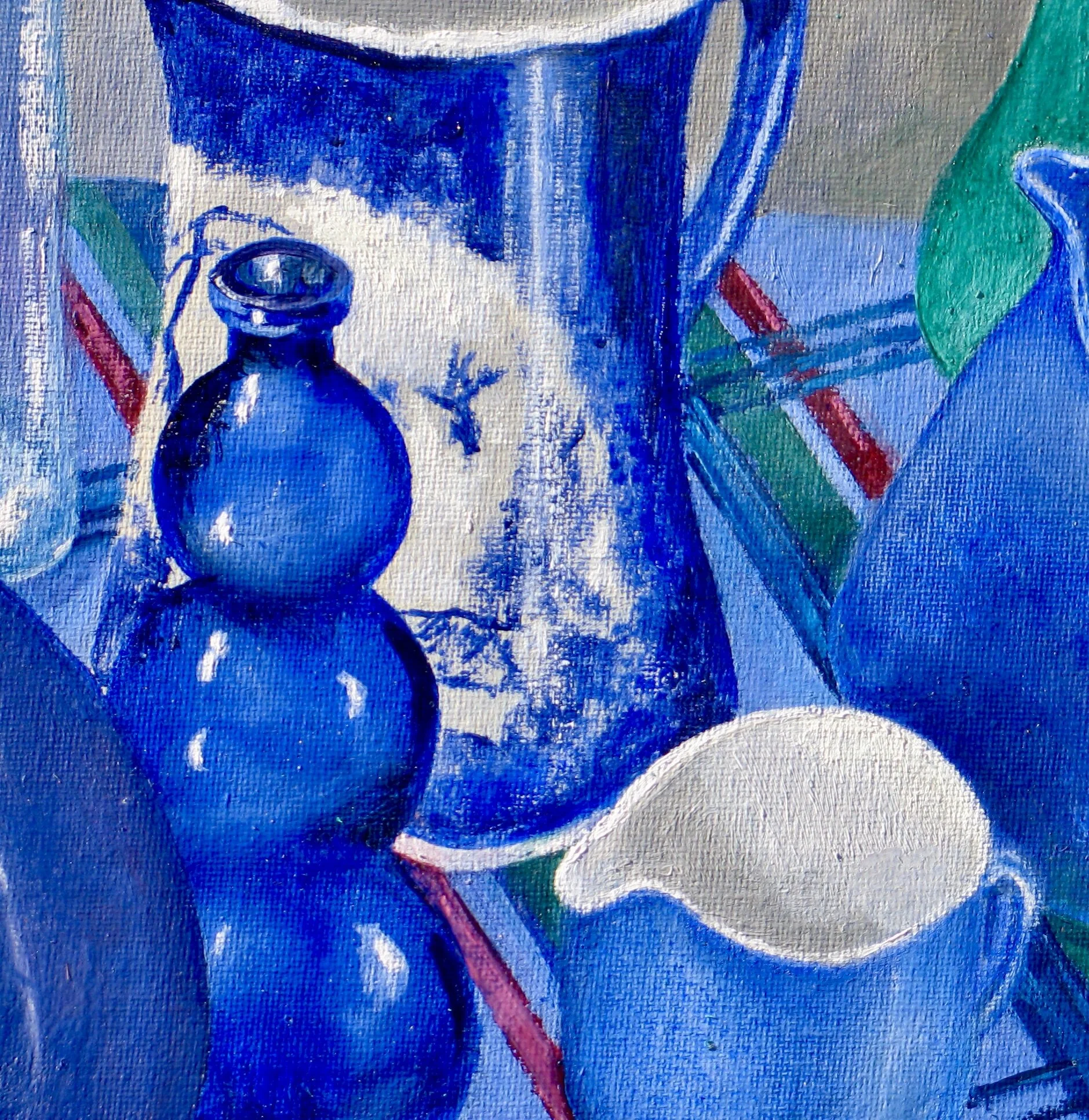 Blue glass and pottery, oil painting by Cy Pawsey