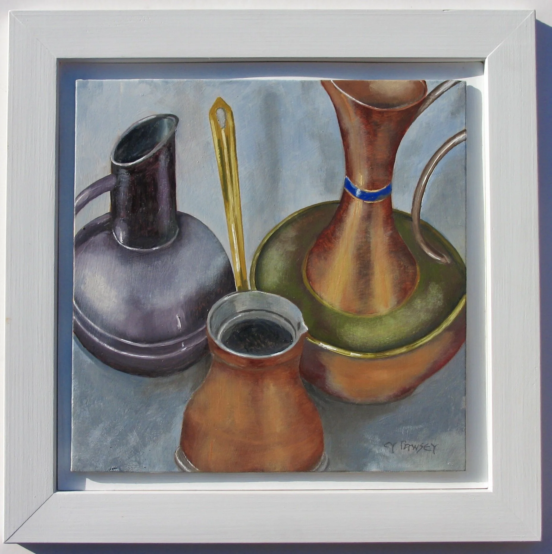 Vintage metal jug forms, framed oil painting
