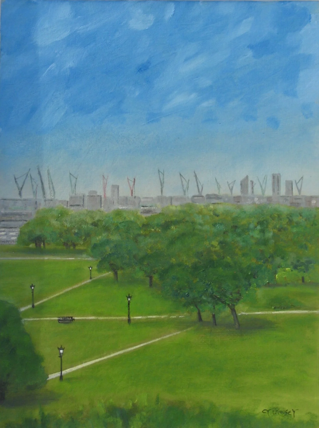 Primrose Hill towards the cranes, oil painting by Cy Pawsey