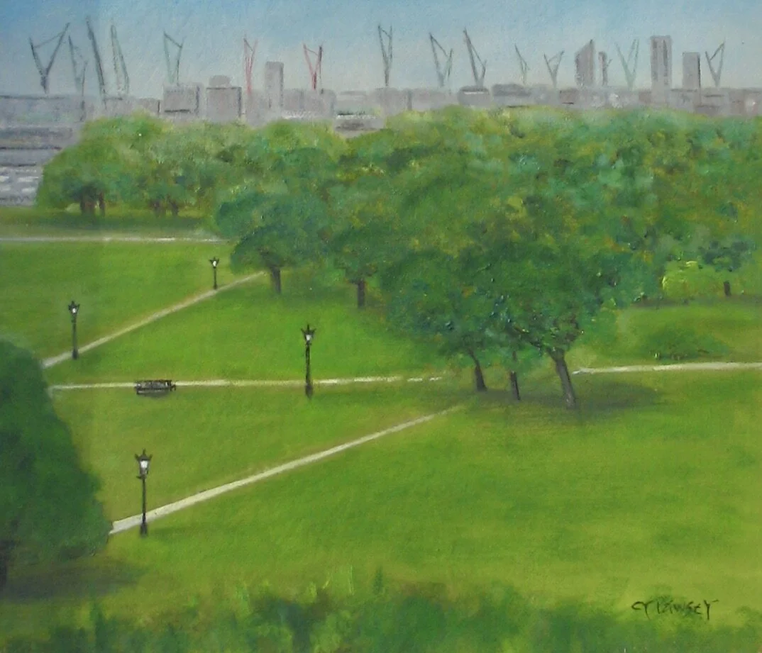 London cranes from Primrose Hill, oil painting
