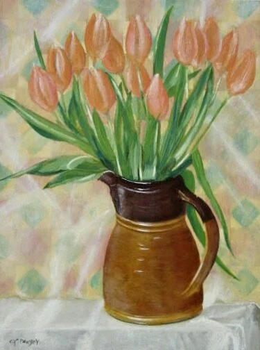Vintage jug with tulips, original oil painting by Cy Pawsey