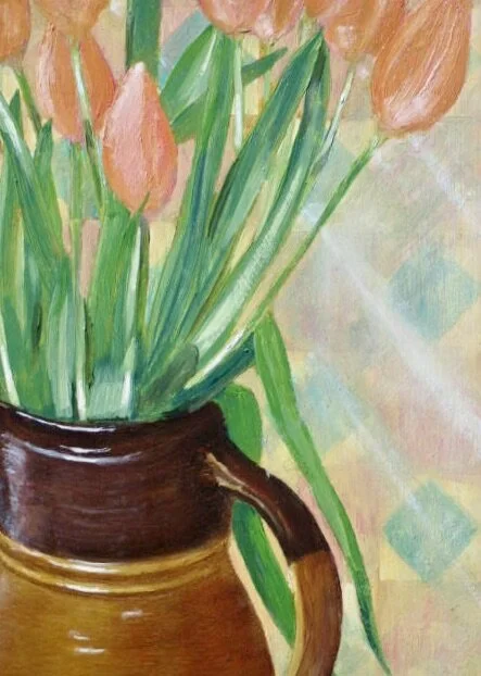 Tulips in a jug, still life painting by Cy Pawsey