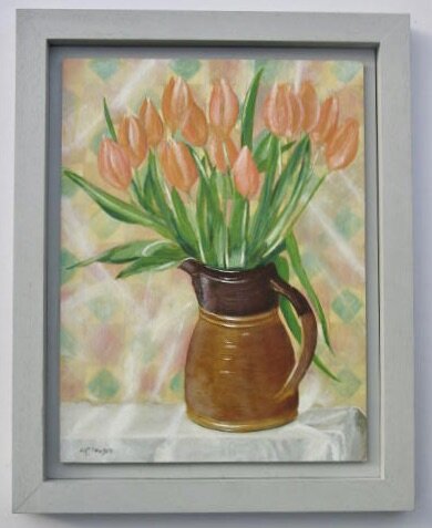 Tulips in a studio jug, framed