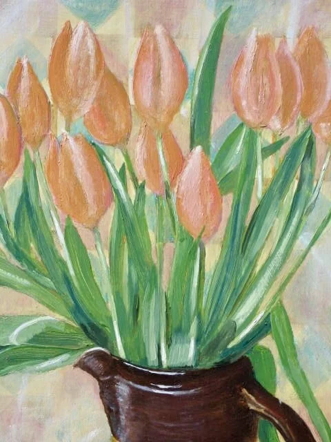 Tulips in a jug, original oil painting detail