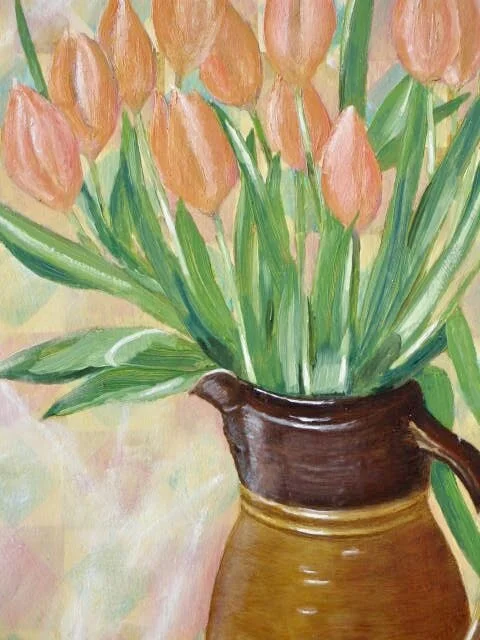 Orange tulips in a studio jug oil painting by Cy Pawsey