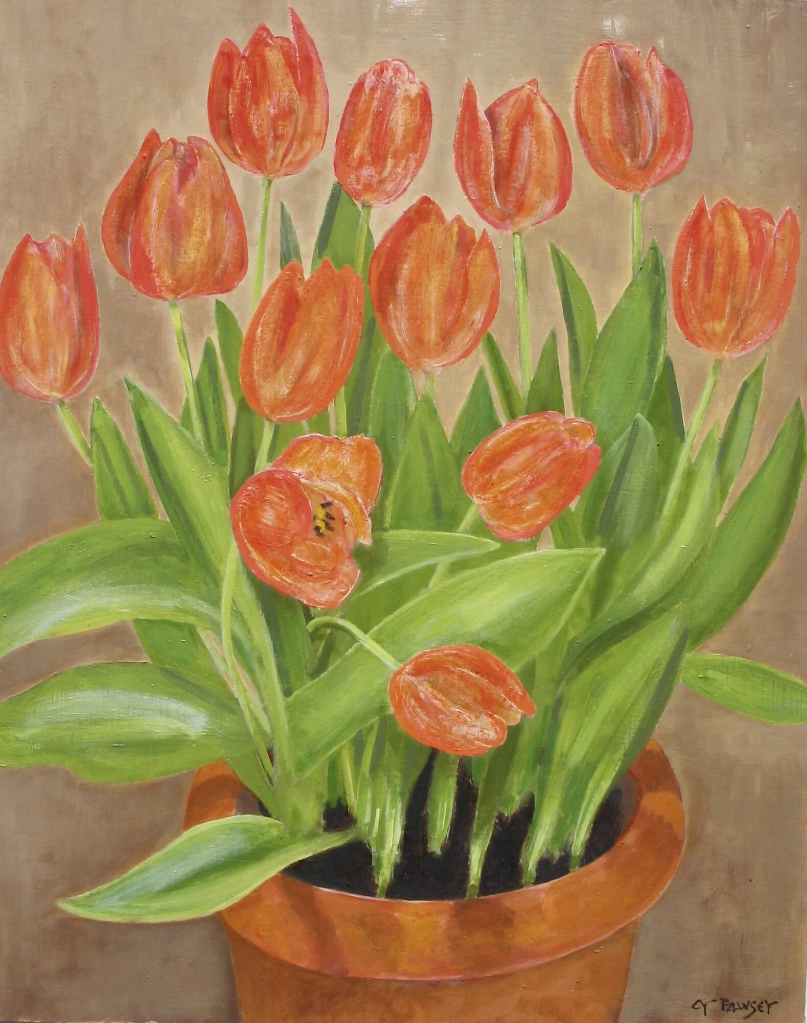 Tulips in a garden pot, oil painting by Cy Pawsey