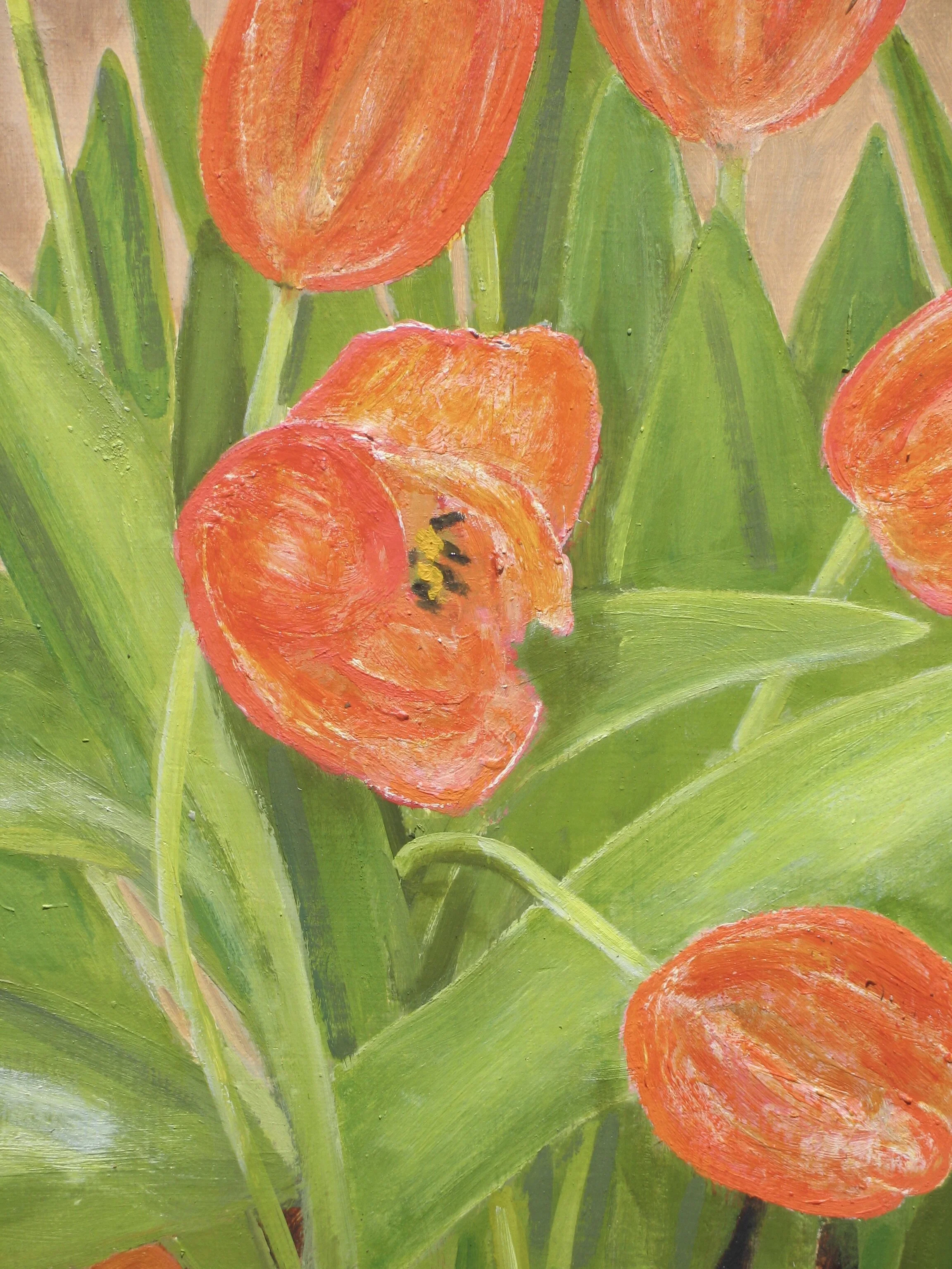 Red tulips in a garden pot by Cy Pawsey, detail