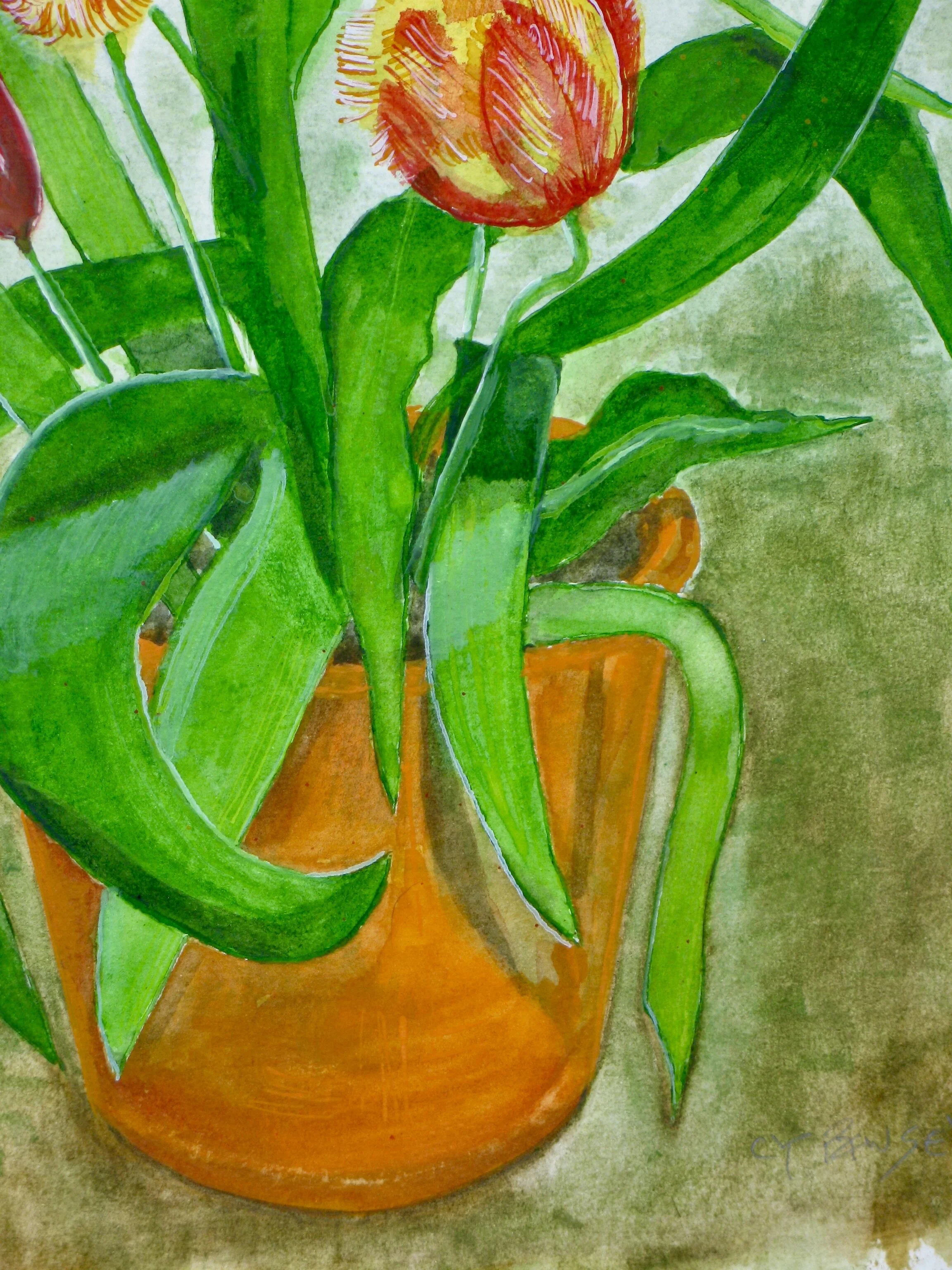 Tulips in a pot, watercolour painting by Cy Pawsey