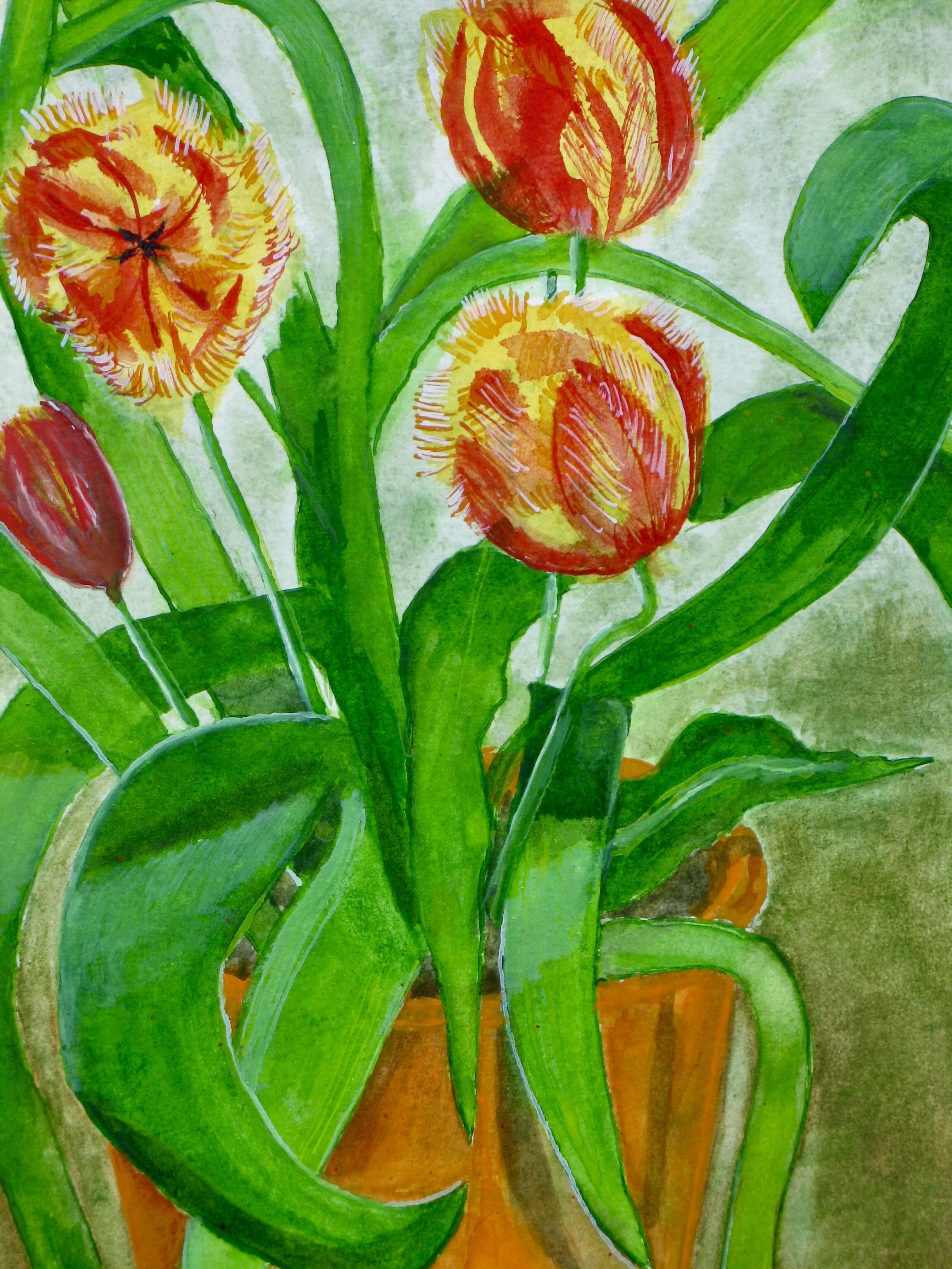 Tulips Lambada watercolour by Cy Pawsey, detail