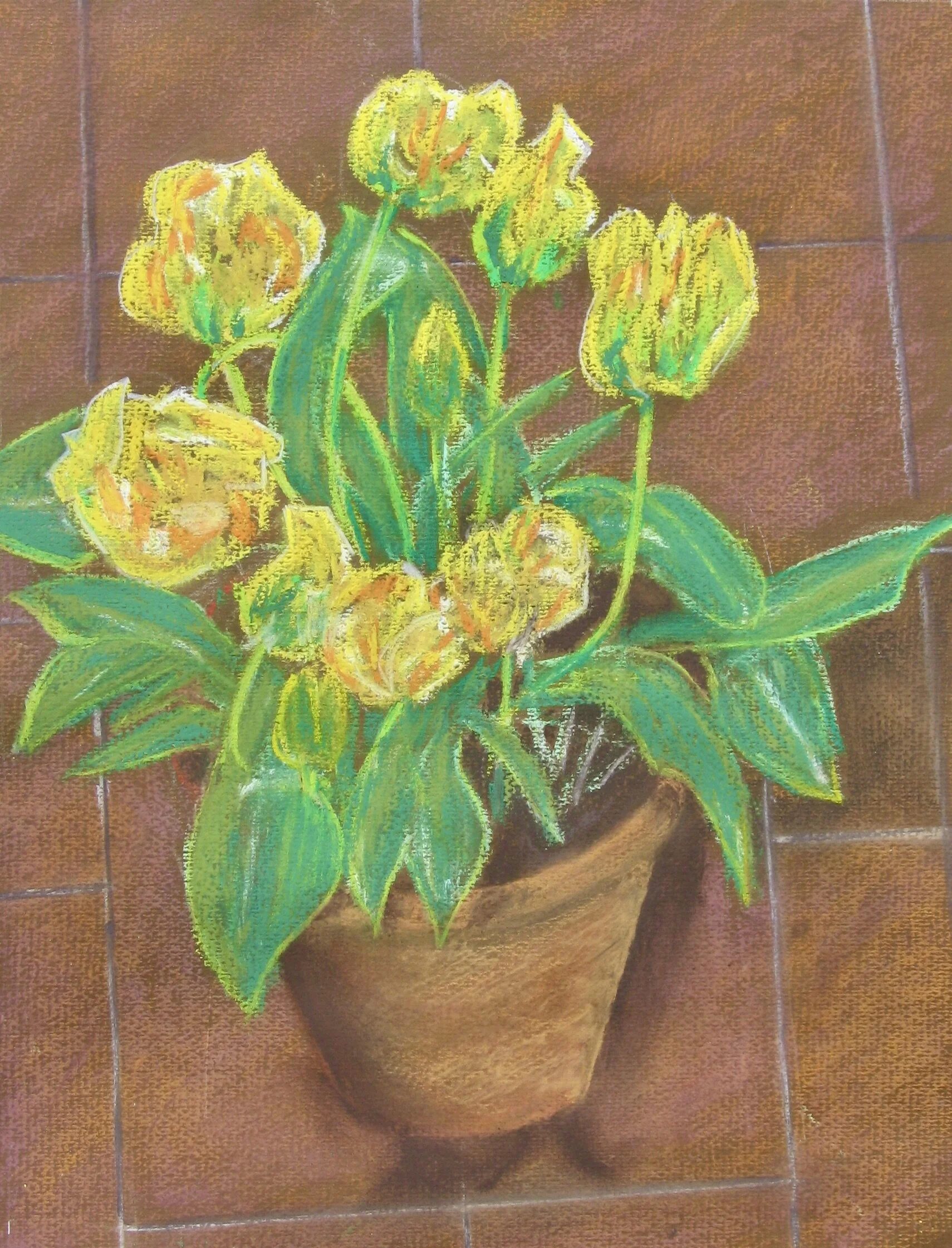 Yellow tulips in a terracotta pot - soft pastel painting by Cy Pawsey