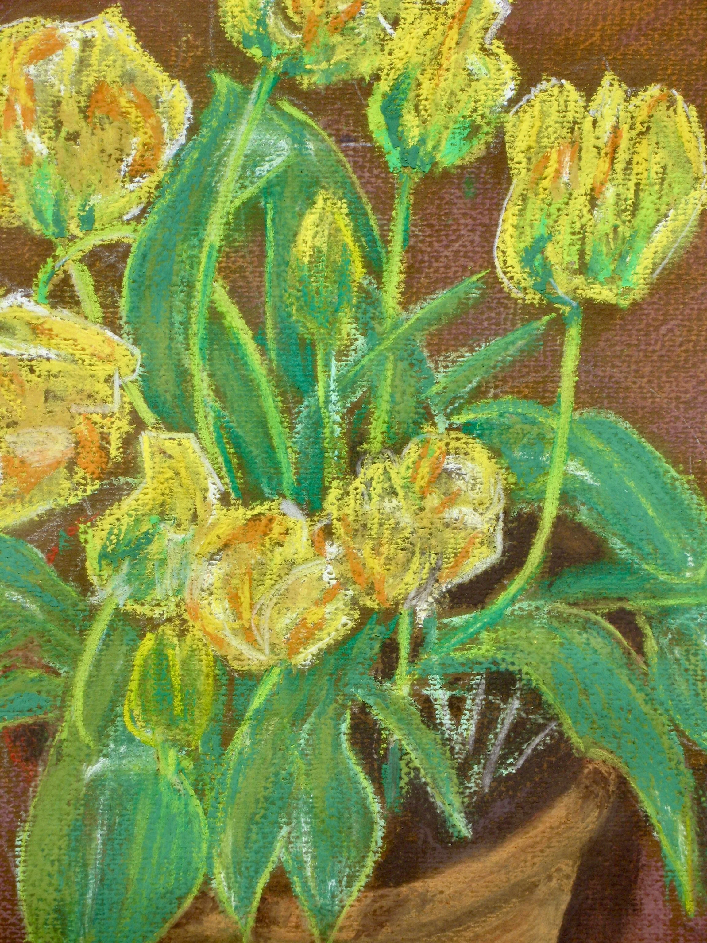 Yellow tulips in a pot, soft pastel painting by Cy Pawsey