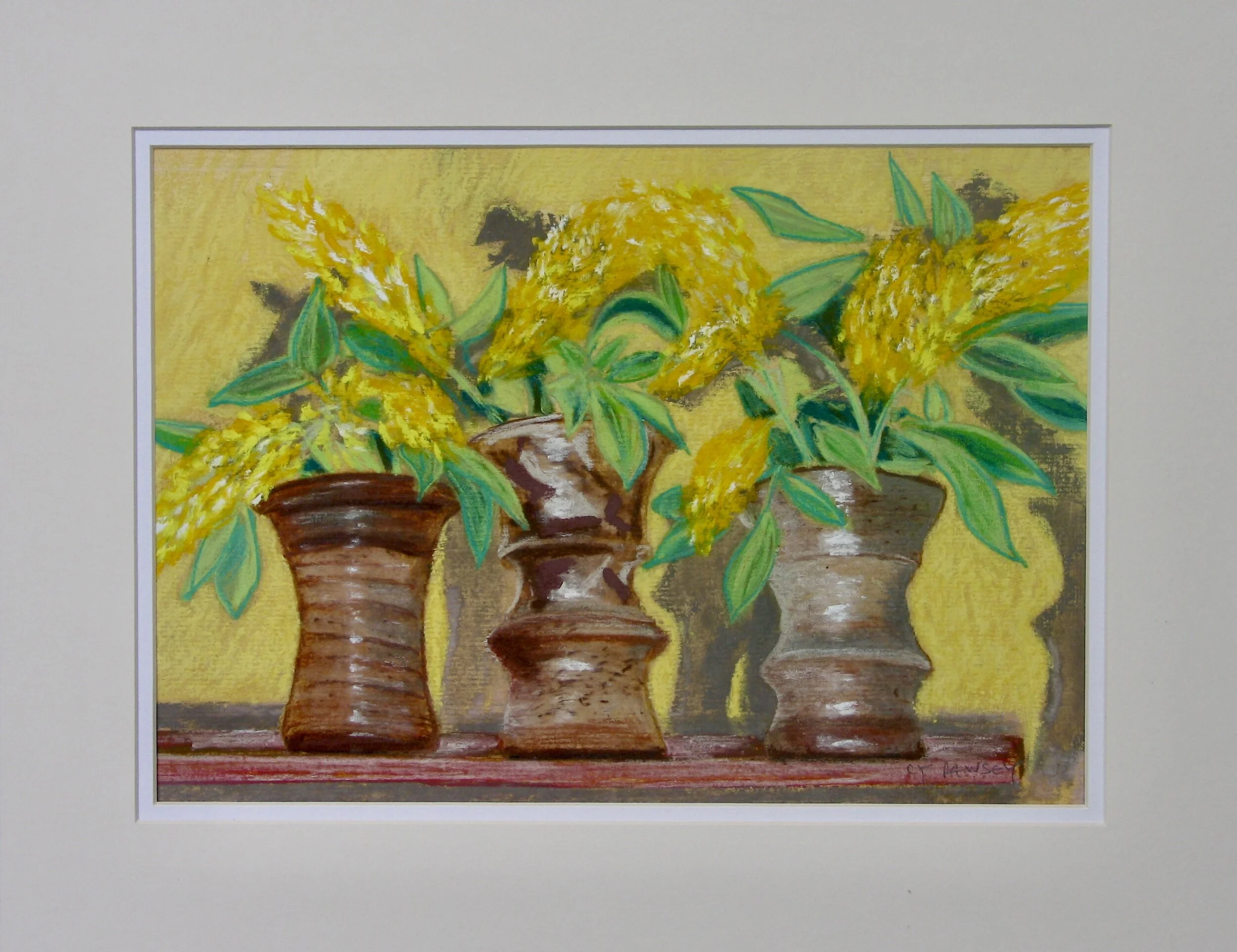 Studio pots with yellow flowers in a double mat