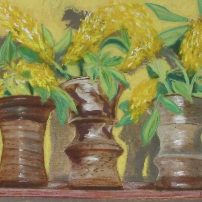 Pots with pineapple broom flowers by Cy Pawsey, detail
