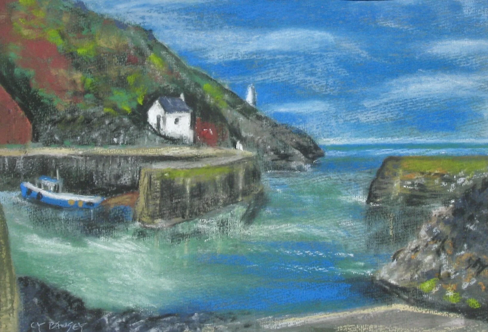 Porthgain harbour, pastel painting by Cy Pawsey