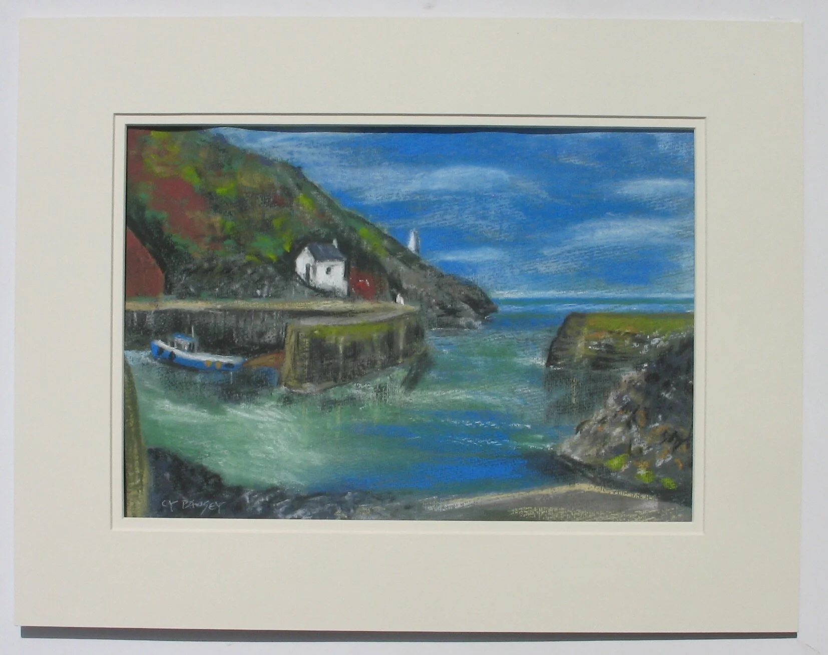 Porthgain harbour pastel painting, double matted ready to frame