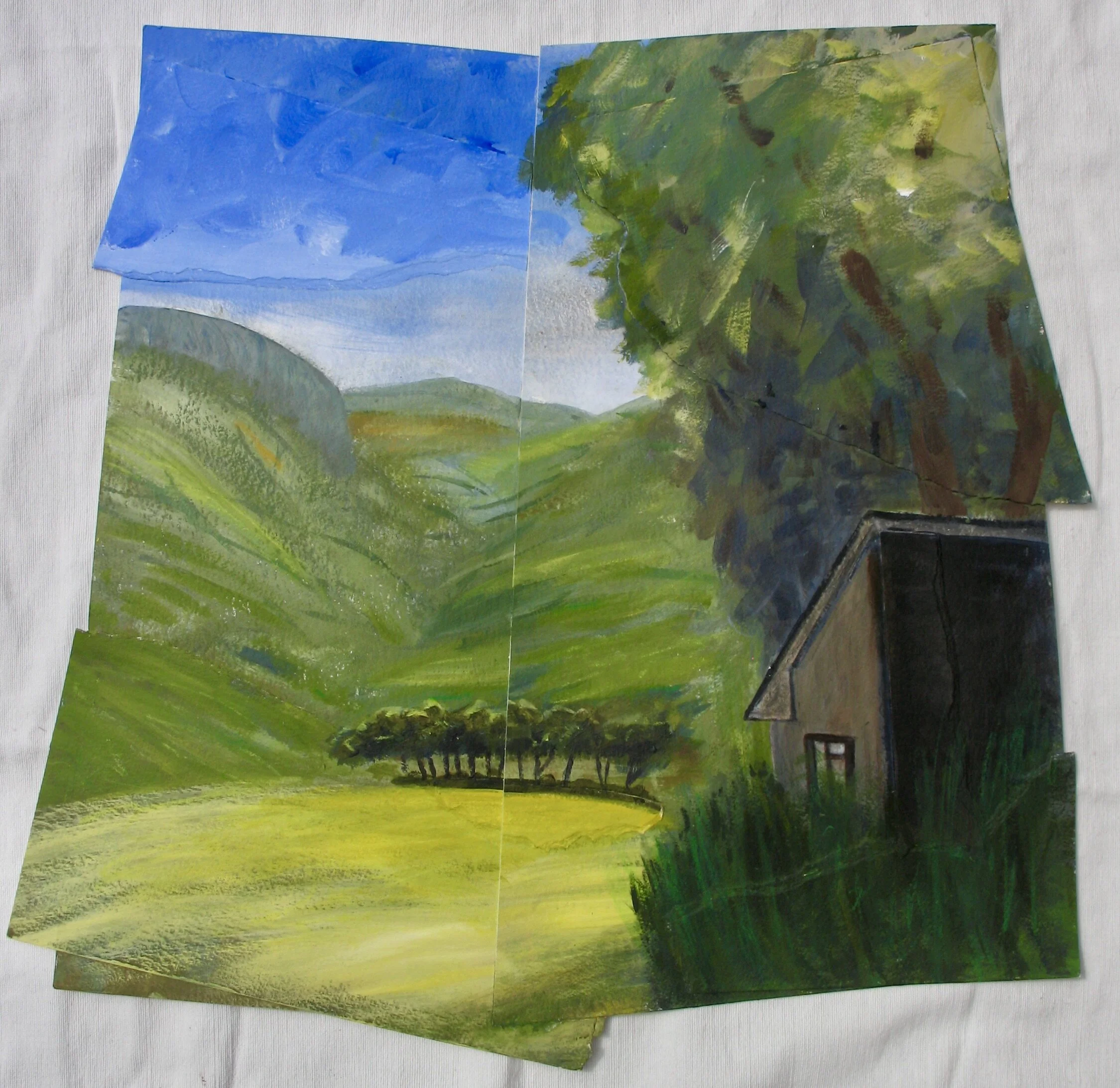 Clun valley landscape, acrylic collage by Cy Pawsey