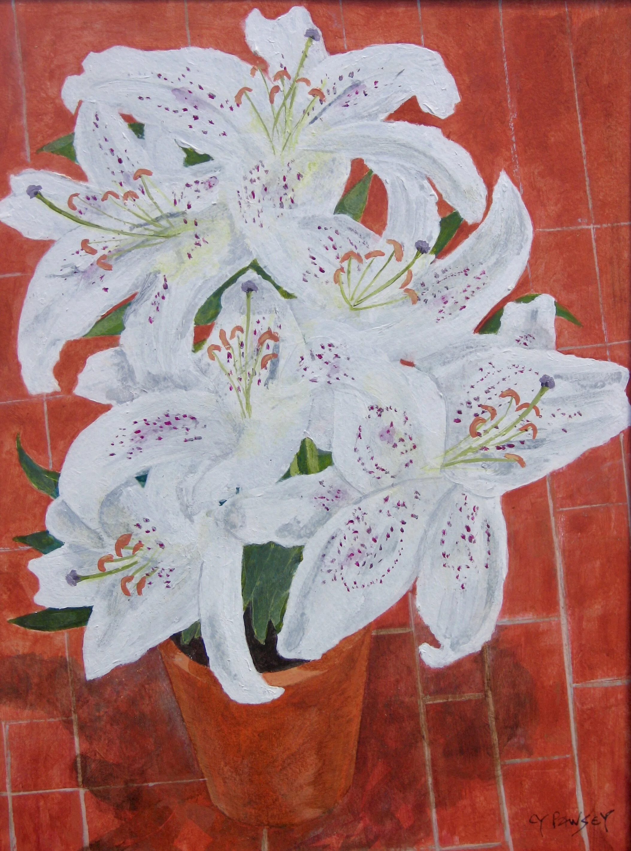 Original acrylic painting of a potted lily by Cy Pawsey