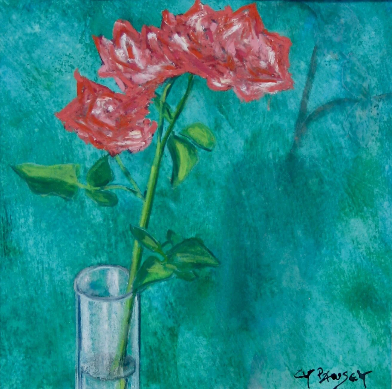 Red rose in a glass vase, pastel painting by Cy Pawsey