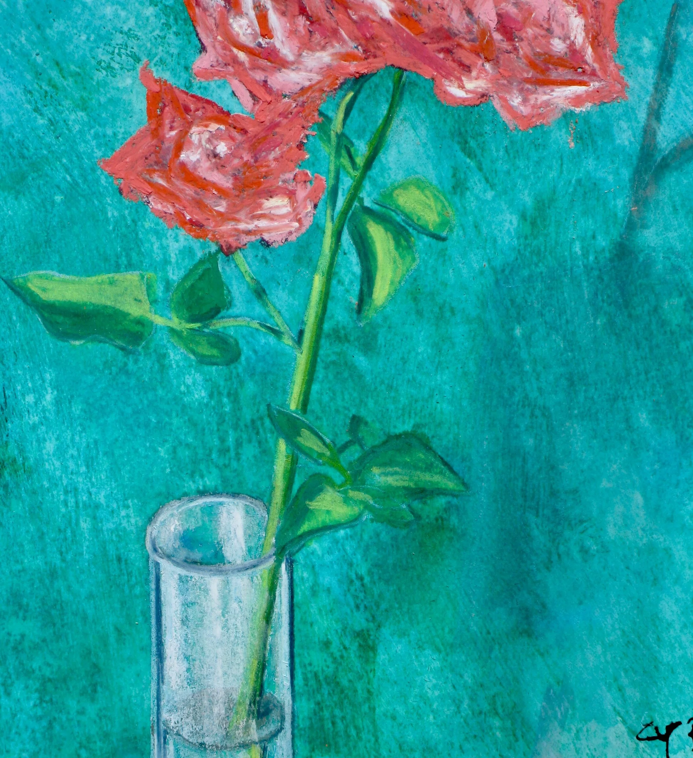 Red rose in a stem-vase, soft pastel painting by Cy Pawsey, detail