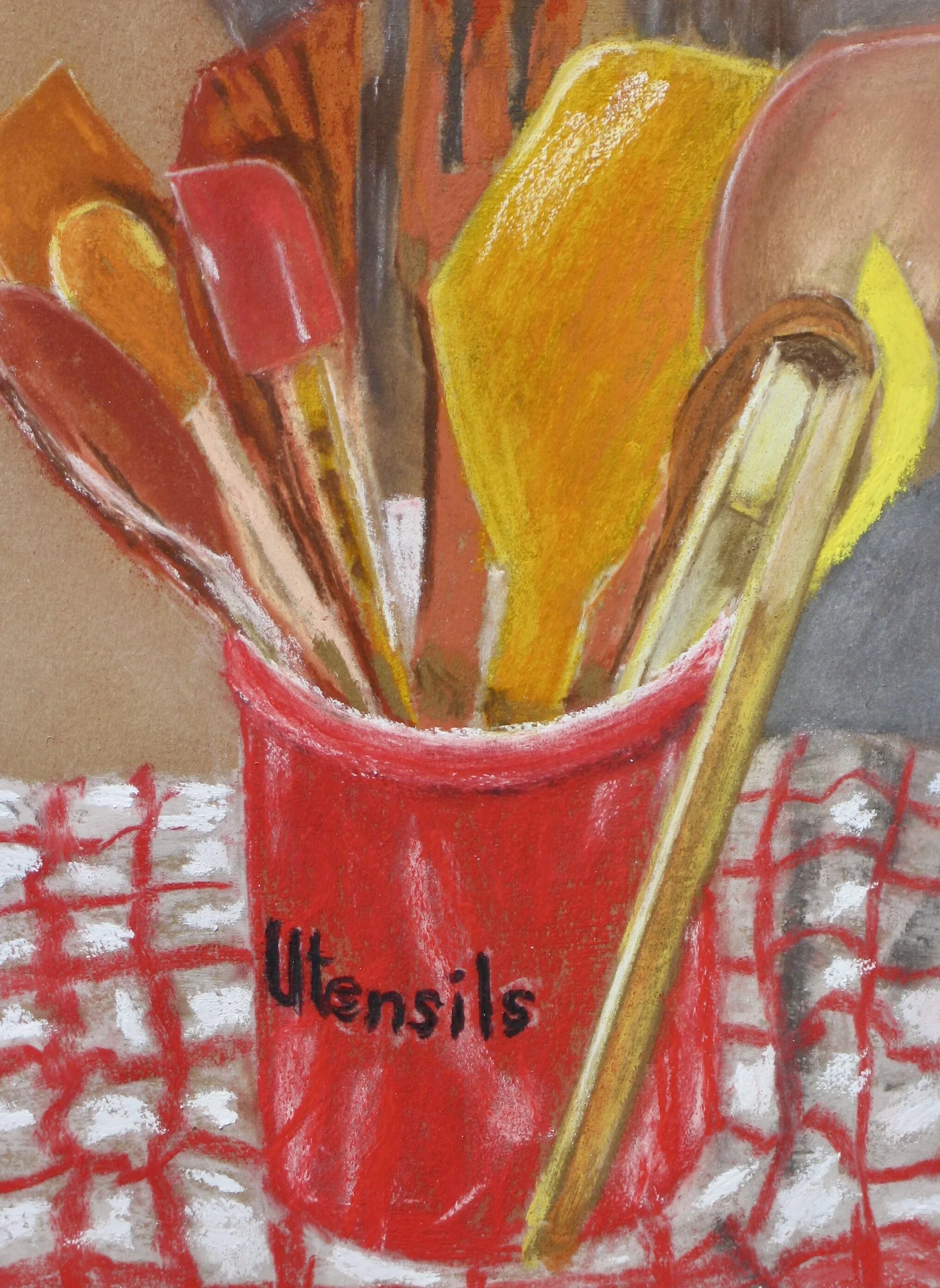 Kitchen utensils in a pot, pastel painting by Cy Pawsey