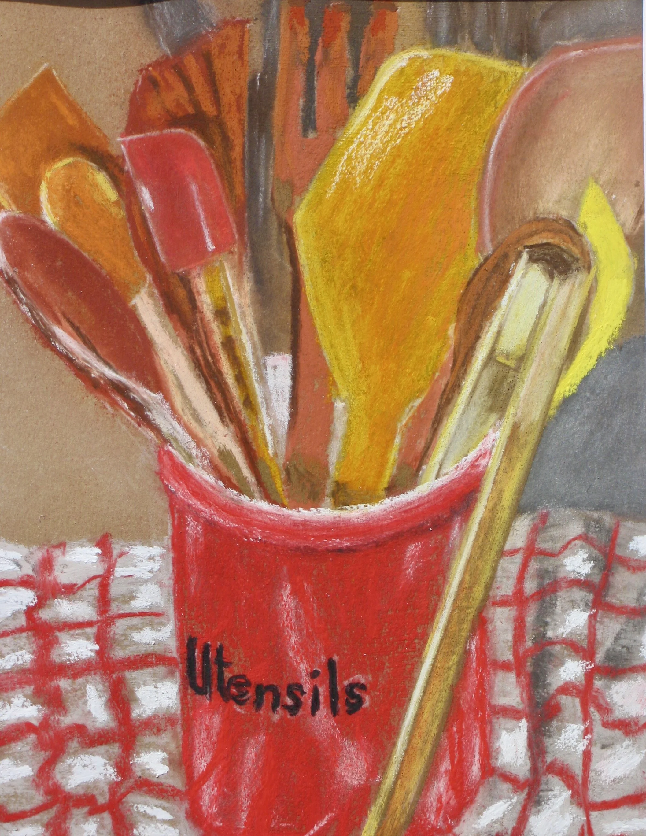 Red pot with kitchen utensils, pastel painting