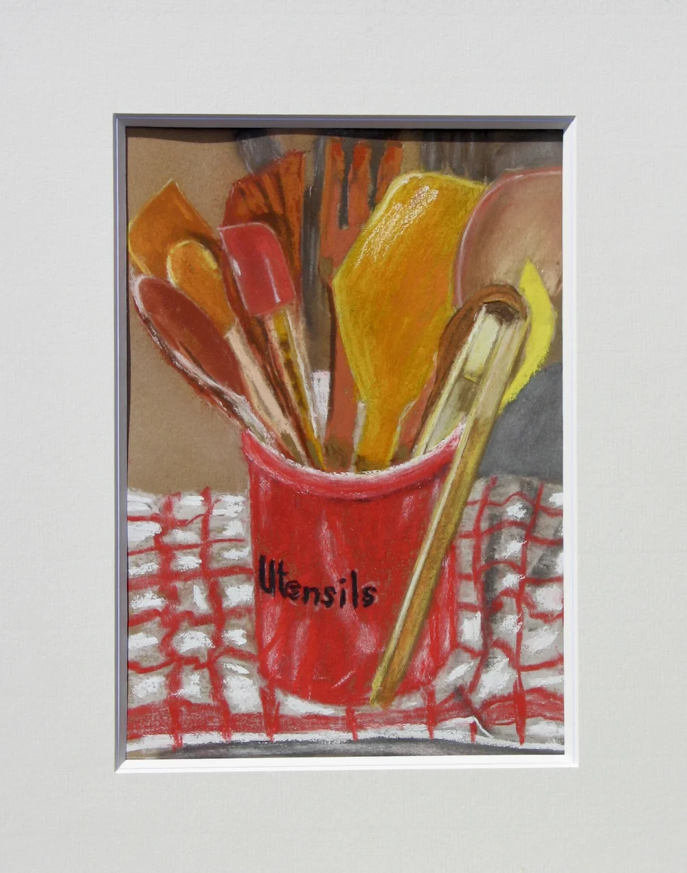 Kitchen utensils in a red pot - pastel painting — galeriecy, image size:1000x1271
