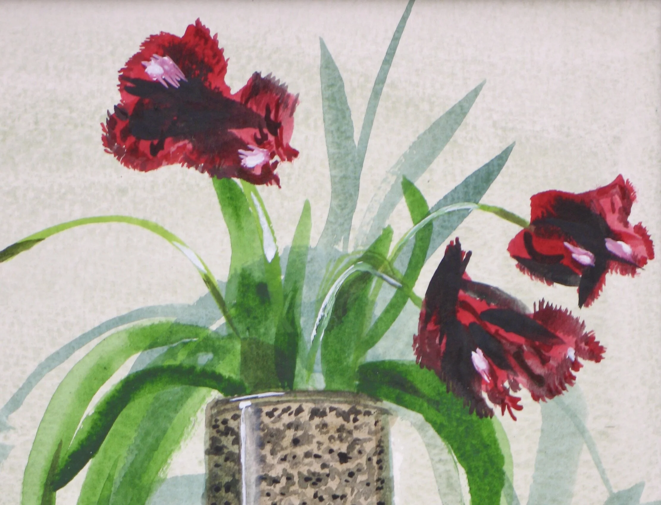 Black tulips watercolour painting, detail 