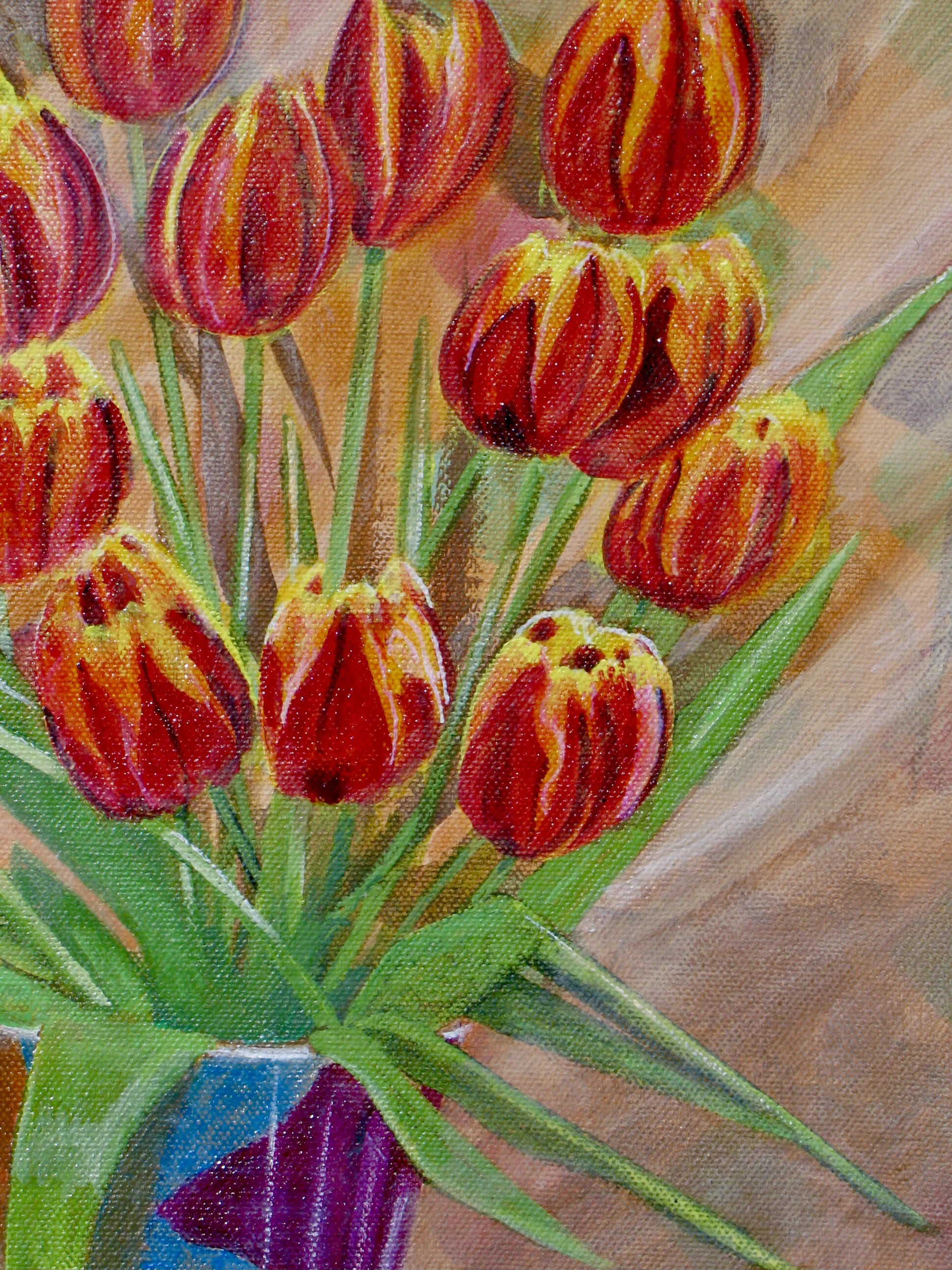 Tulips still life, detail of an acrylic painting by Cy Pawsey