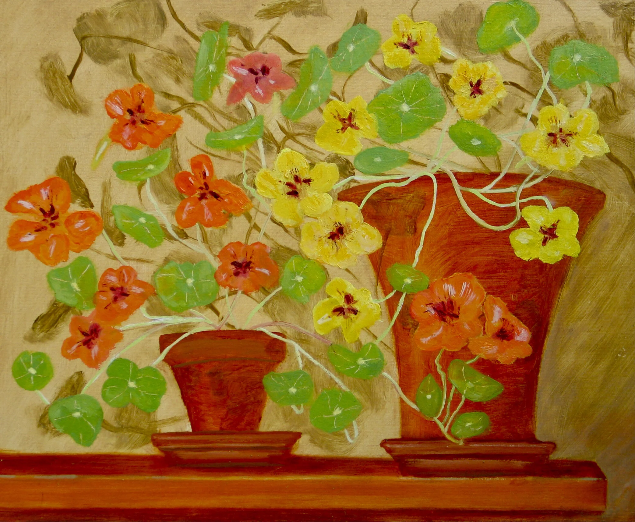 Original oil painting of nasturtiums in bloom by Cy Pawsey
