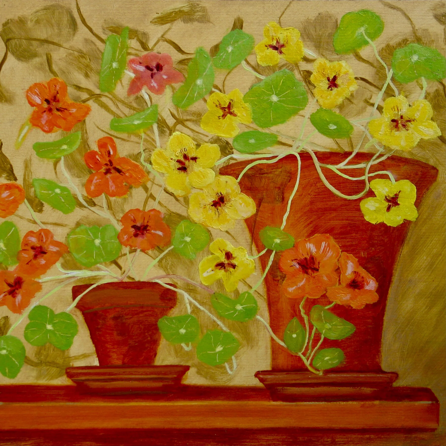 Pots of nasturtiums, painting by Cy Pawsey